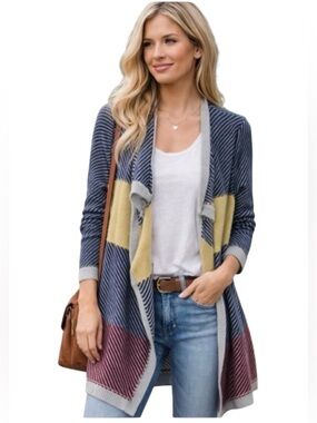 Cabi Blanket Waterfall Sweater Cardigan Colorblock Grey Yellow Sz Medium